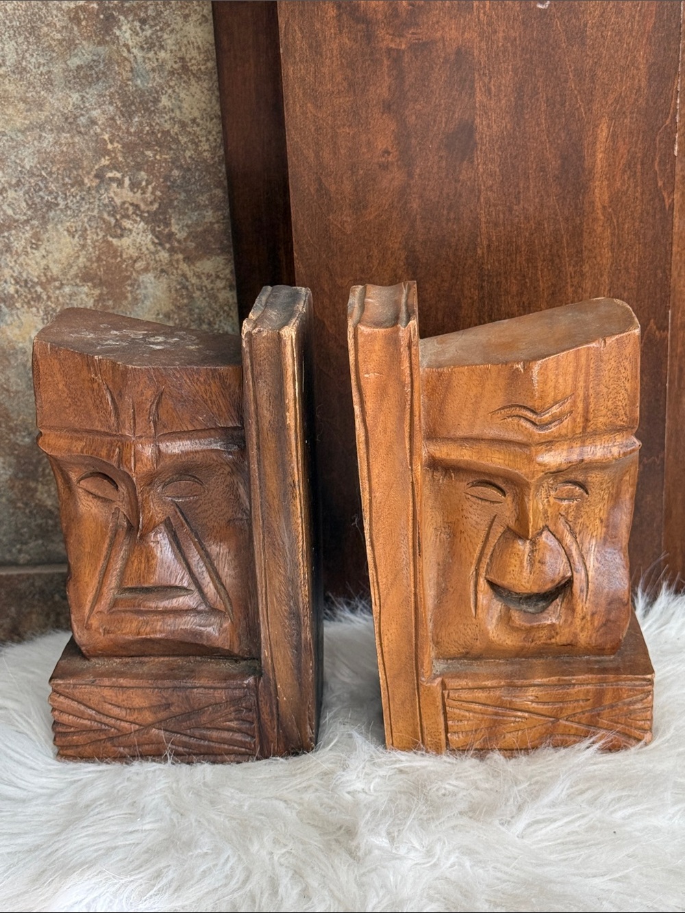 Vintage Hand Carved Wood Comedy & Tragedy Drama Theater Bookends Masks
